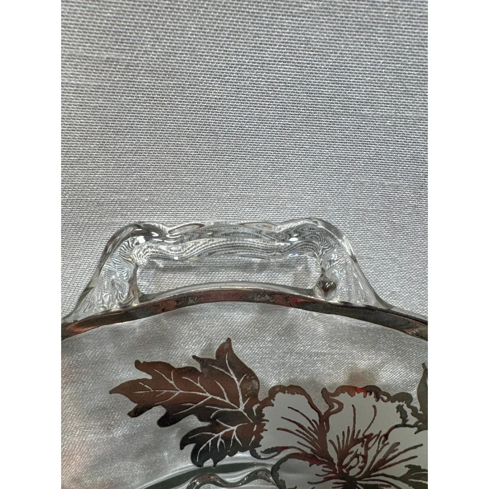 Vintage 25th Anniversary Glass Serving‎ Tray Silver Floral Overlay Handled Plate